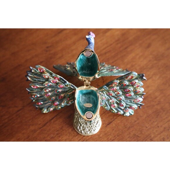 Vintage Rucinni Swarovski Crystal Accented Peacock Hinged Trinket Box SIGNED - Picture 8 of 12